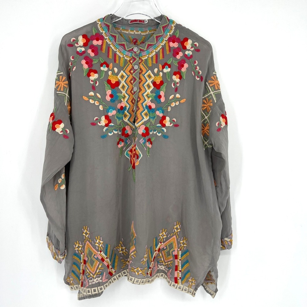 Johnny Was Top Womens S Floral Embroidered Jessa Tunic Boho Tribal Gray Hippie - Picture 1 of 7